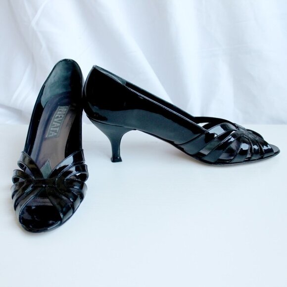 PREVATA  | Vintage Italian Leather Shoes 7 1/2 Black | Open-Toes Kitten Heels - Picture 3 of 15